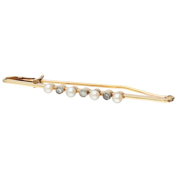 Preview of the first image of 18 kt. Gold - Brooch - 0.09 ct Diamond - Pearl.