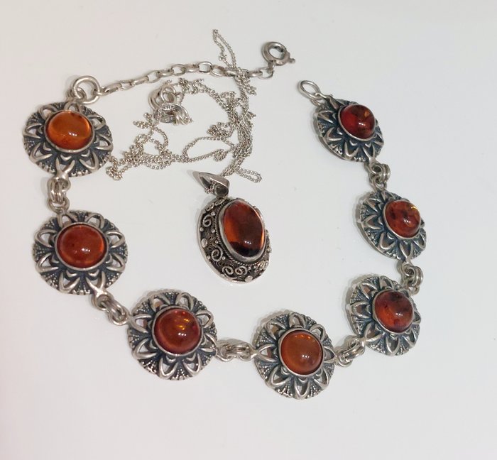 Preview of the first image of 925 Silver - Bracelet, Necklace with pendant, Set - Handmade - Amber.