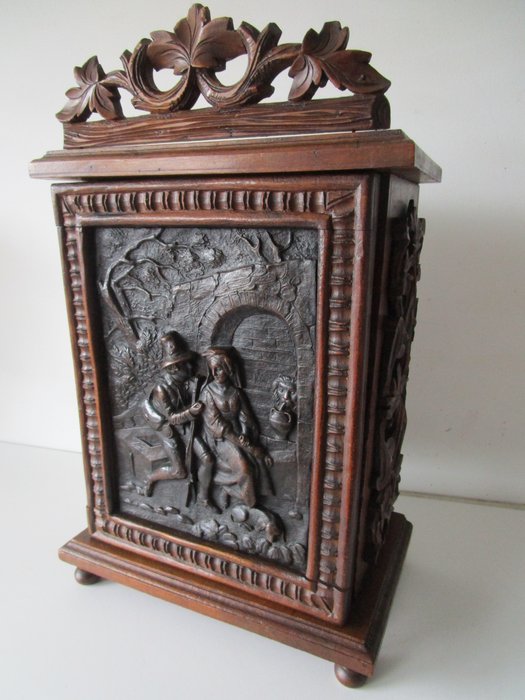 Preview of the first image of Cabinet, Apothecary cabinet Zwartewoud hand-carved relief hunting scene - Oak - Late 19th century.