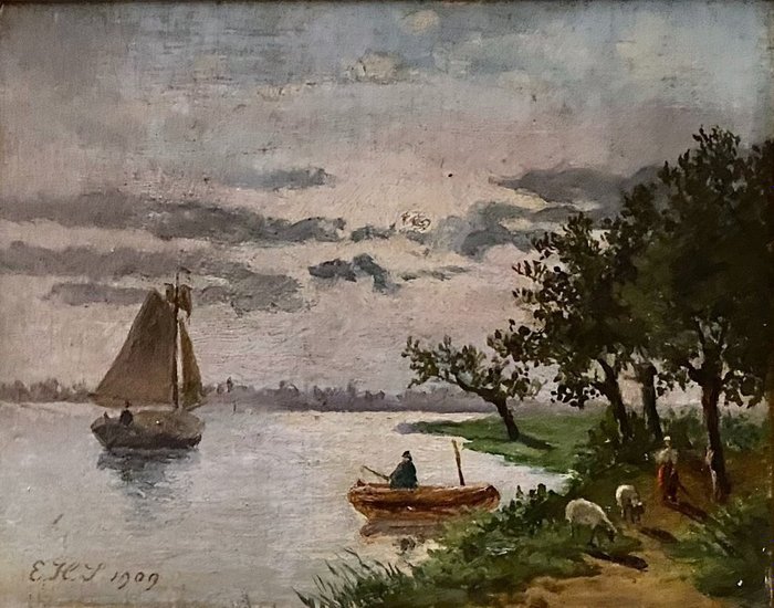 Preview of the first image of Hollandse school (XIX-XX) - Waterlandschap met een zijlboot en visser.