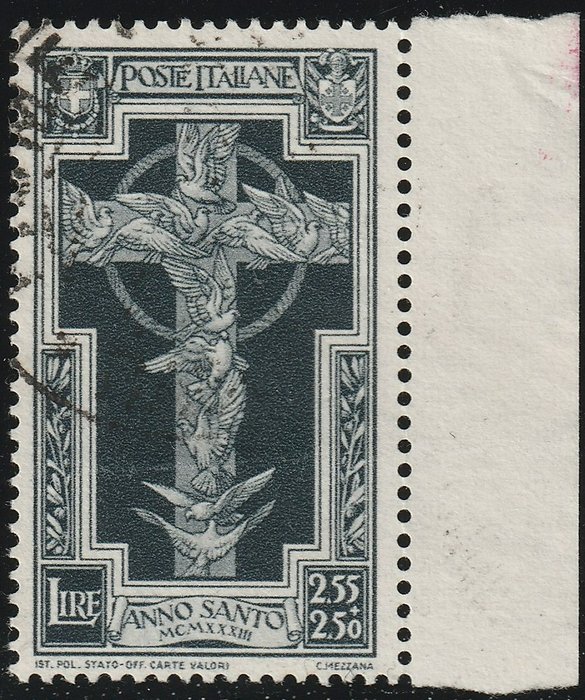 Preview of the first image of Italy Kingdom 1933 - Holy Year 2.55 + 2.50 l. black, sheet margin, used, with expert’s report - Sas.
