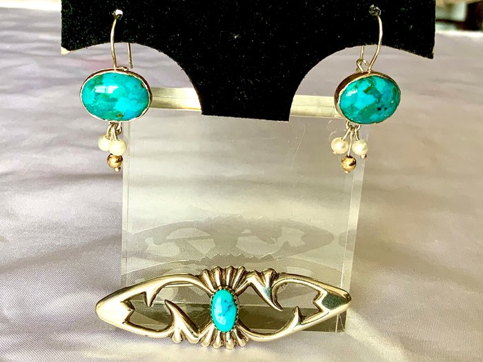 Image 3 of 925 Silver - Brooch, Earrings Turquoise - Turquoises