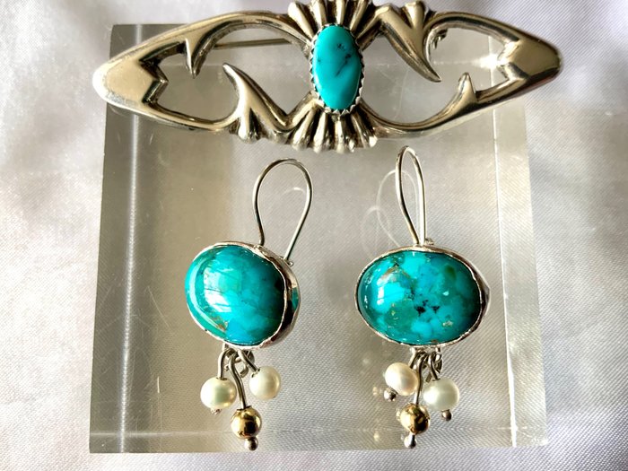 Image 2 of 925 Silver - Brooch, Earrings Turquoise - Turquoises