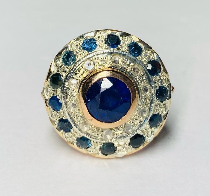 Preview of the first image of senza prezzo di riserva - 14 kt. Gold, Silver - Ring - 1.50 ct Sapphire - Diamonds, Sapphires.