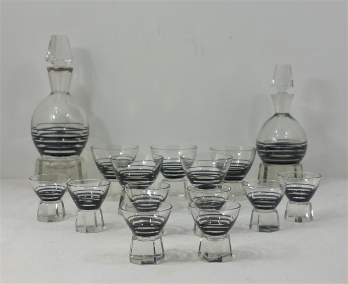 Image 2 of Karl Palda - Alcohol service decanters and glasses in black enamelled crystal silver frame art deco