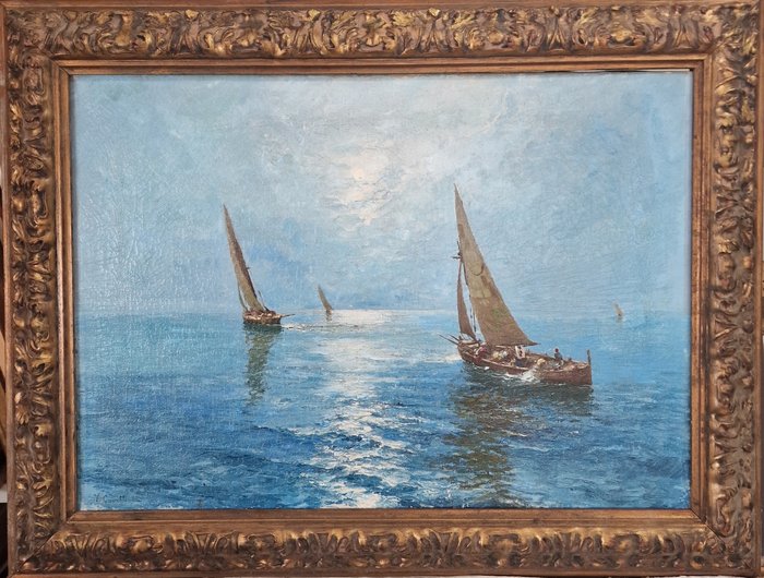 Image 2 of Vittorio Cavalleri ( 1860-1938) - Marina con barche e pescatori