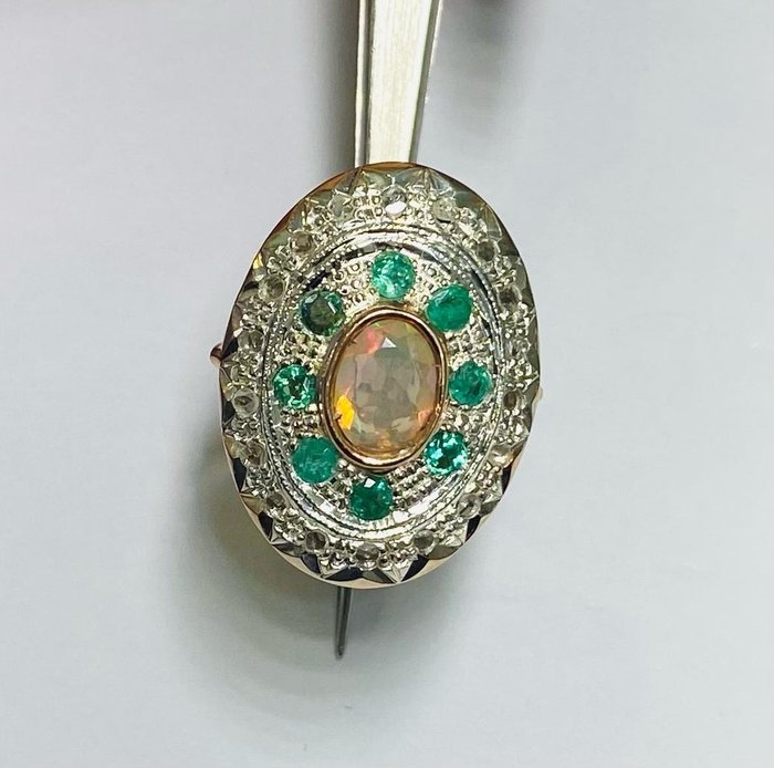 Image 3 of senza prezzo di riserva - 14 kt. Gold, Silver - Ring - 1.10 ct Opal - Diamonds, Emeralds