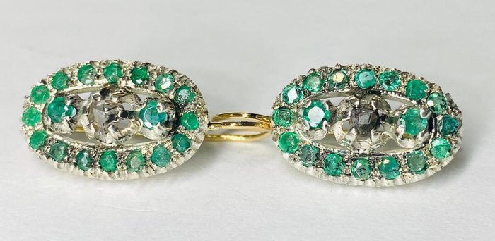 Image 3 of 14 kt. Gold, Silver - Earrings - 1.25 ct Emerald - Diamonds