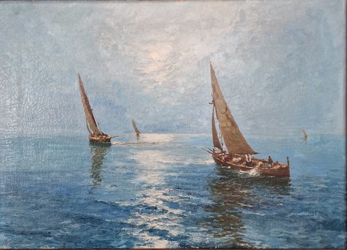 Image 3 of Vittorio Cavalleri ( 1860-1938) - Marina con barche e pescatori