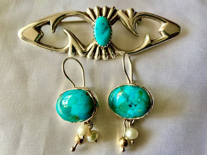 Preview of the first image of 925 Silver - Brooch, Earrings Turquoise - Turquoises.