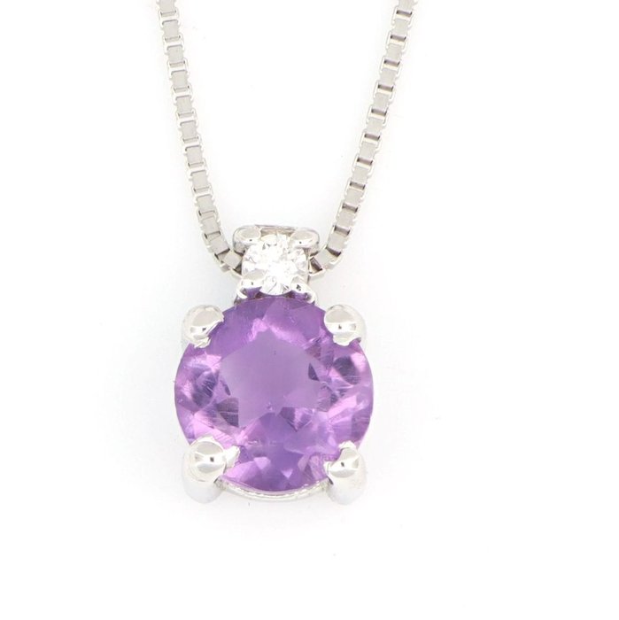 Preview of the first image of No Reserve Price - 18 kt. White gold - Necklace with pendant - 0.01 ct Diamond - Amethysts.