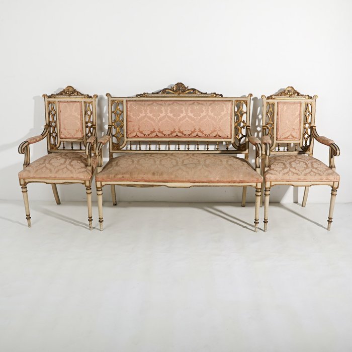 Bank en fauteuils - Lodewijk XVI-stijl - Hout, Textiel - 19e eeuw