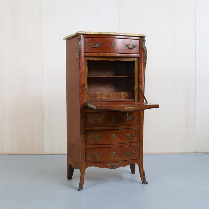 Image 2 of Bureau cabinet - Louis XV - Brass, Kingwood, Marble - Late 19th century