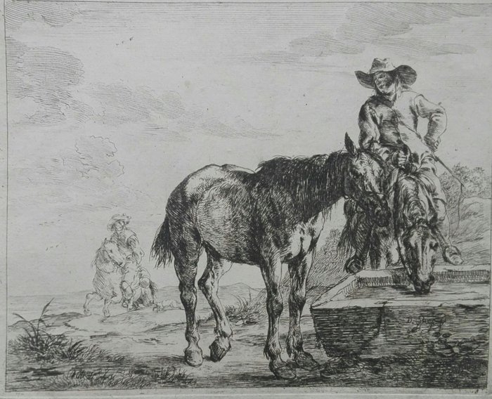 Preview of the first image of Dirk Stoop (1610 - 1686) - Two horses drinking from a trough.