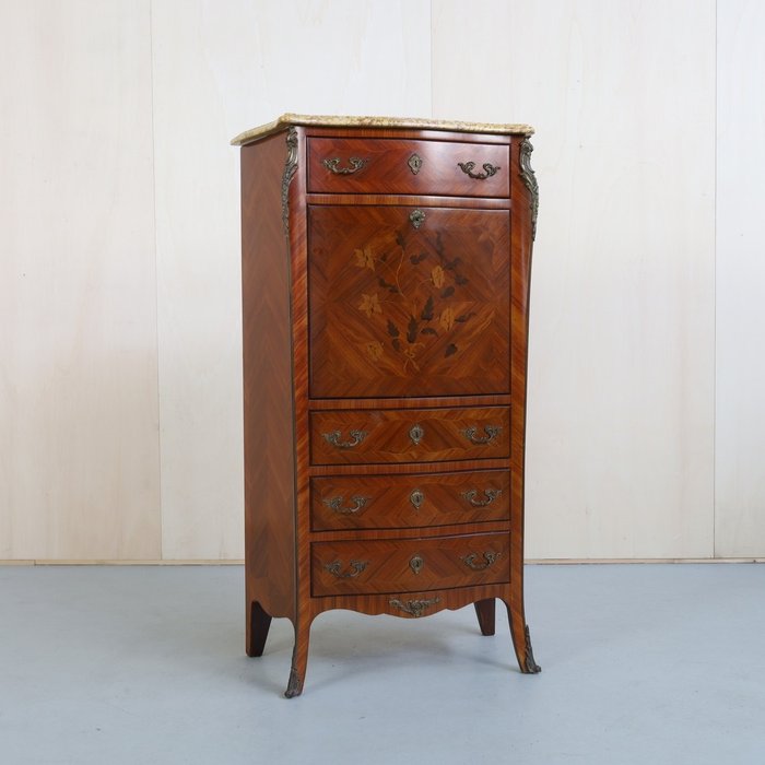 Preview of the first image of Bureau cabinet - Louis XV - Brass, Kingwood, Marble - Late 19th century.