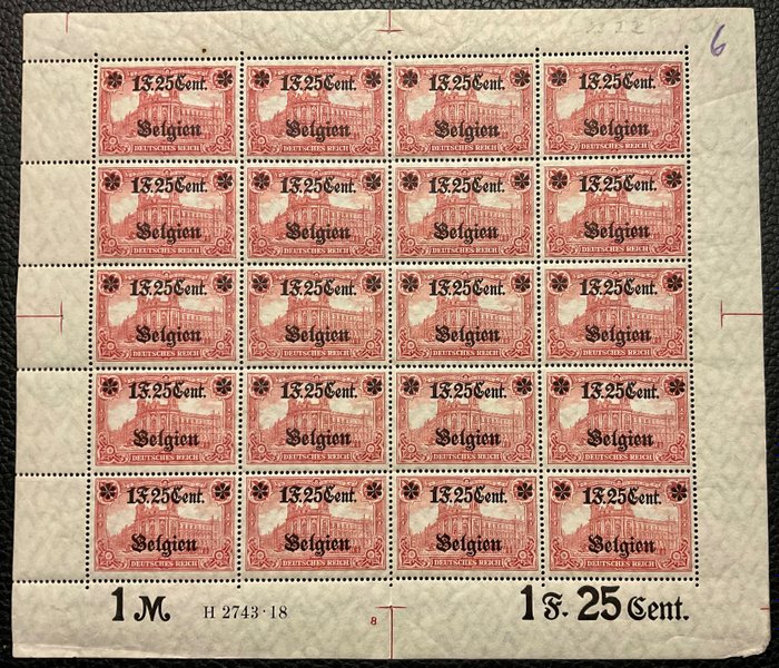 Preview of the first image of German occupation issues 1914/18 Landespost in Belgium 1916 - One whole sheet, MNH, FR 1.25 - Miche.