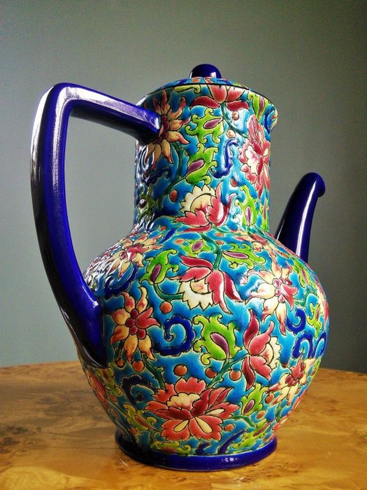 Image 3 of Longwy - Very large Art Deco coffee pot - Enamel relief decoration of spirals and floral motifs