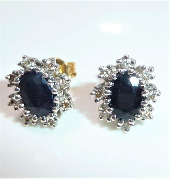 Image 2 of NO RESERVE - 14 kt. White gold, Yellow gold - Earrings - 1.00 ct Sapphire - 0.32ct. Diamonds / bril