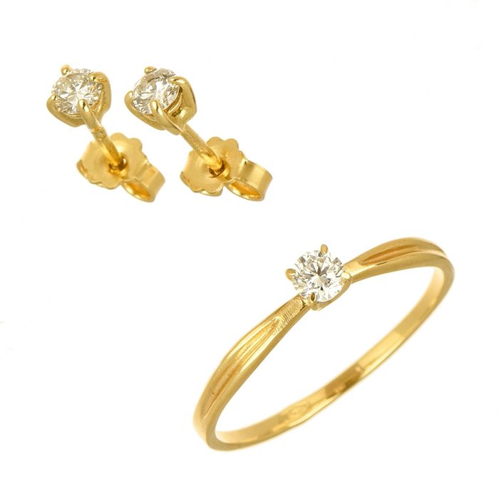 Preview of the first image of 18 kt. Gold - Earrings, Ring, Set - 0.39 ct Diamonds.