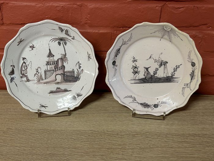 Image 2 of Saint Omer plates, Chinese decor 18th century (2) - Ceramic