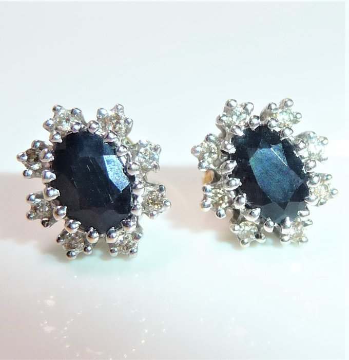 Image 3 of NO RESERVE - 14 kt. White gold, Yellow gold - Earrings - 1.00 ct Sapphire - 0.32ct. Diamonds / bril