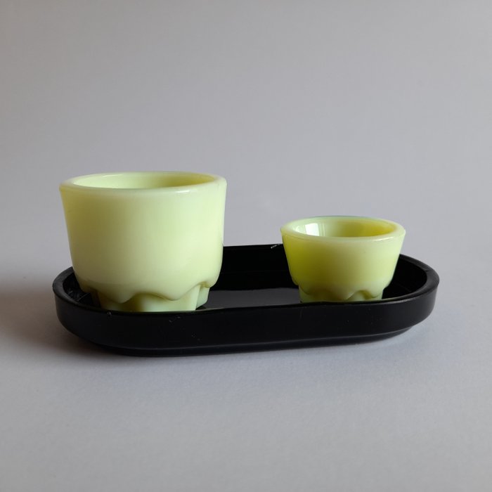 Preview of the first image of A.D. Copier - Glasfabriek Leerdam - Egg cup and salt shaker on saucer (3).