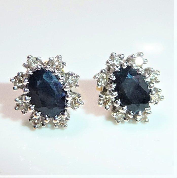 Preview of the first image of NO RESERVE - 14 kt. White gold, Yellow gold - Earrings - 1.00 ct Sapphire - 0.32ct. Diamonds / bril.
