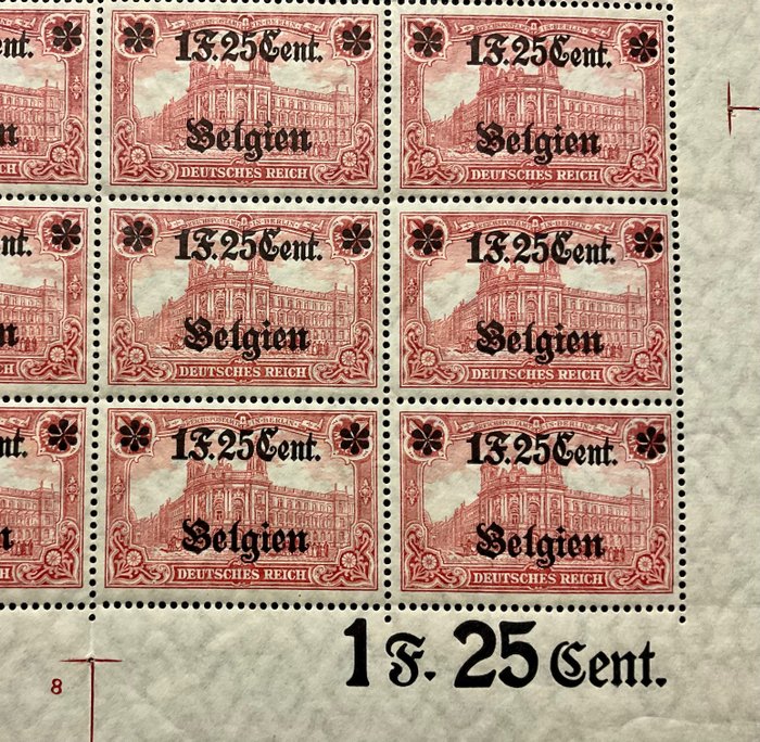 Image 3 of German occupation issues 1914/18 Landespost in Belgium 1916 - One whole sheet, MNH, FR 1.25 - Miche