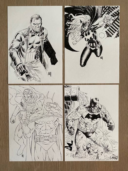 Preview of the first image of Batgirl, Batman, Superman, The Punisher - Lot 4 dessins originaux "héros DC" à l'encre par Walter G.