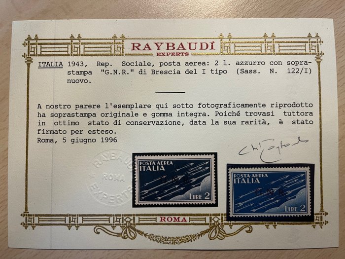 Image 3 of Italy 1943 - Social Republic, airmail: 2 l. azure with G.N.R. overprint. - Sass. 122/I