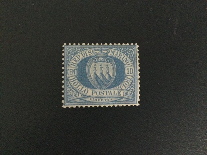 Preview of the first image of San Marino 1877 - Stemma, 10 cent oltremare - Sassone N. 3.