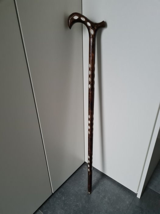 Preview of the first image of unique handmade Victorian walking stick with inlaid mother of pearl - Mother of pearl, Wood - Early.