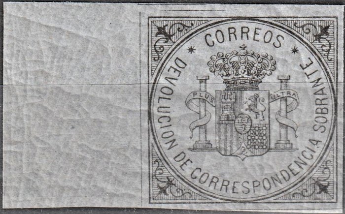 Preview of the first image of Spain 1875 - 1875 - Coat of arms of Spain without face value, black over blue. Wide sheet margin -.