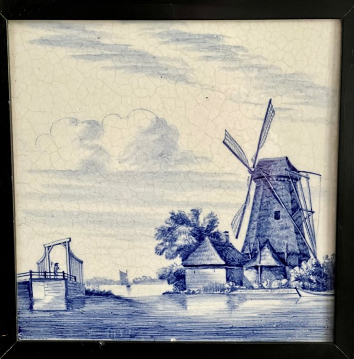 Image 2 of Porceleyne Fles (Royal Delft) - Large tile from 1886 (Delft Blue) / painting with a Dutch landscape