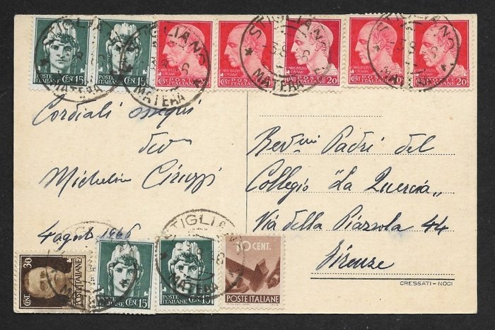 Image 2 of Italian Republic - Illustrated postcard of Stigliano – Florence with rare ‘Imperiale’ mixed postage