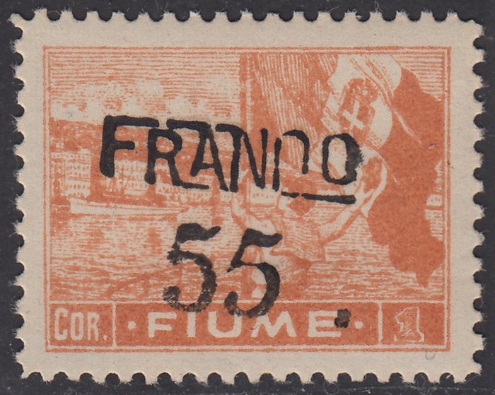 Preview of the first image of Fiume 1920 - Allegories and views sets, C paper, ‘FRANCO’ overprint, 55 on 1 crown ochre, oblique o.