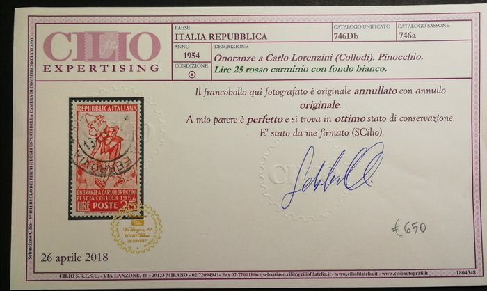 Image 3 of Italian Republic 1954 - Honours to Carlo Lorenzini (Collodi) Pinocchio with white background - Sass