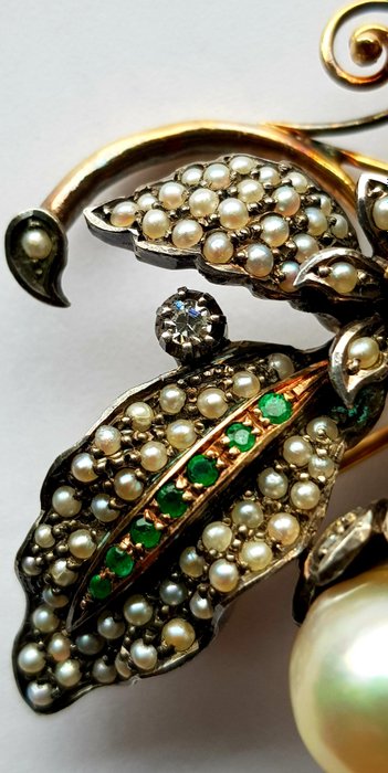 Image 3 of 18 kt. Yellow gold - Brooch Emerald - Diamonds, Emerald Beads