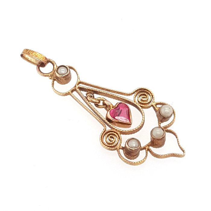 Image 3 of 14 kt. Yellow gold - Pendant Ruby - 4 seed pearls