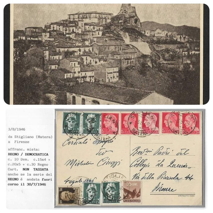 Preview of the first image of Italian Republic - Illustrated postcard of Stigliano – Florence with rare ‘Imperiale’ mixed postage.