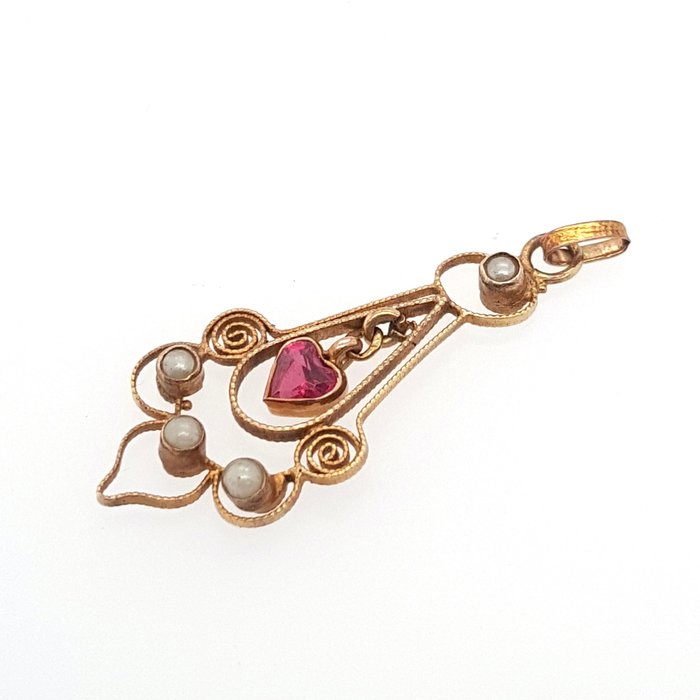Image 2 of 14 kt. Yellow gold - Pendant Ruby - 4 seed pearls