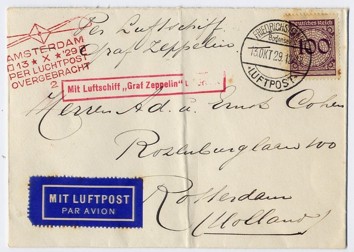 Preview of the first image of German Empire 1929 - Zeppelin LZ 127 : October Holland Flight : cover Rotterdam Drop : scarce - Mic.