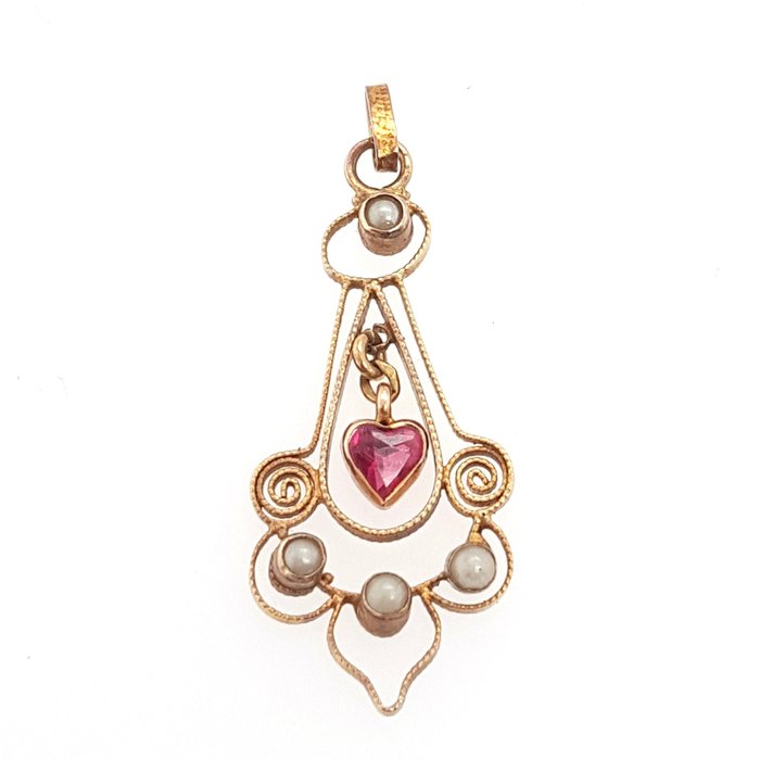 Preview of the first image of 14 kt. Yellow gold - Pendant Ruby - 4 seed pearls.