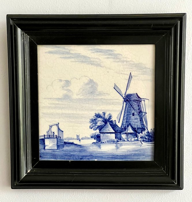 Preview of the first image of Porceleyne Fles (Royal Delft) - Large tile from 1886 (Delft Blue) / painting with a Dutch landscape.