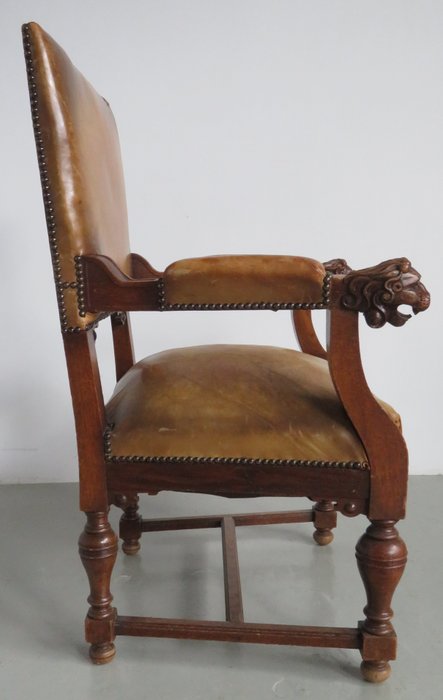 Image 2 of Armchair - Neoclassical - Leather, Oak - Late 19th century