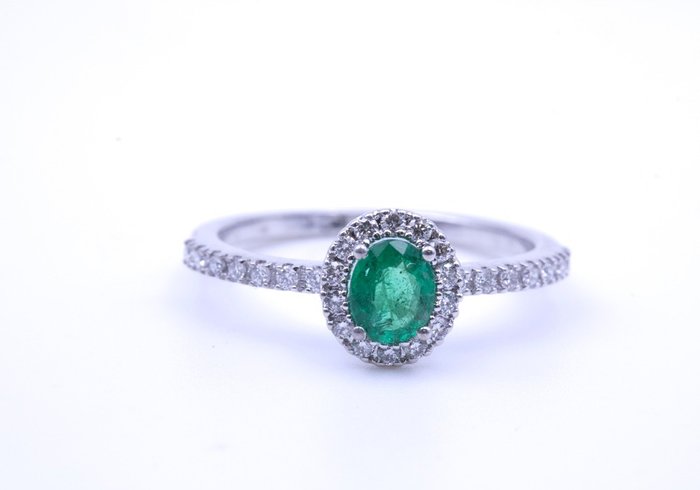 Preview of the first image of 18 kt. White gold - Ring - 0.30 ct Diamond - Emeralds.