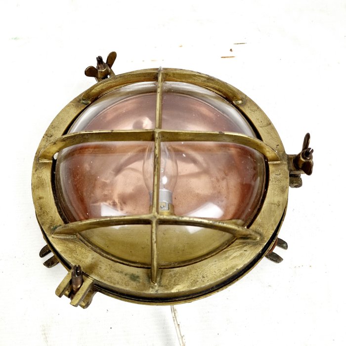 Preview of the first image of Authentic industrial cage wall lighting Approx. 1900 - Bronze, Copper, Glass - Early 20th century.