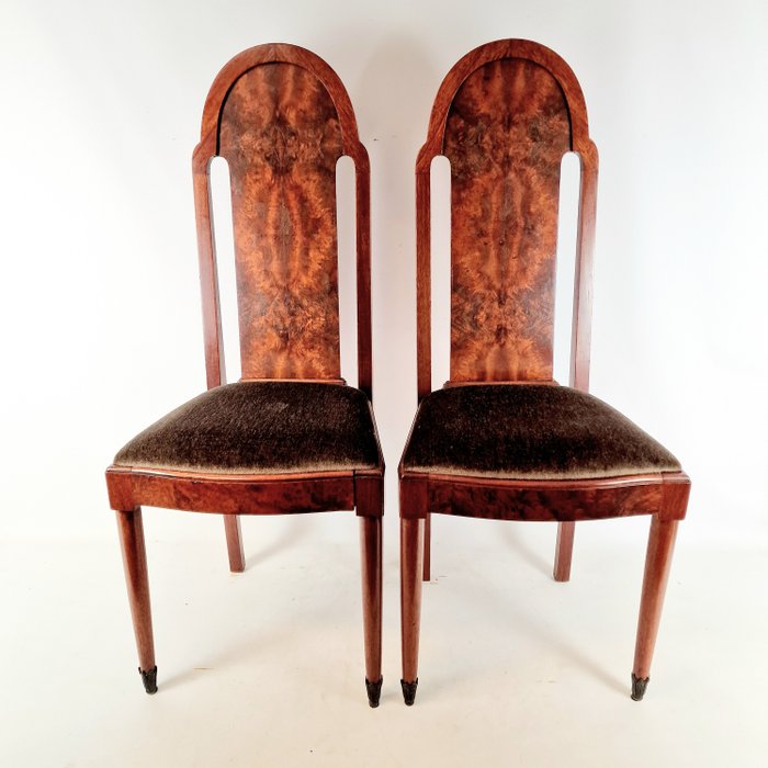Preview of the first image of Exceptionally unique pair of walnut veneer chairs with velor seat. Approx. 1920 (2).