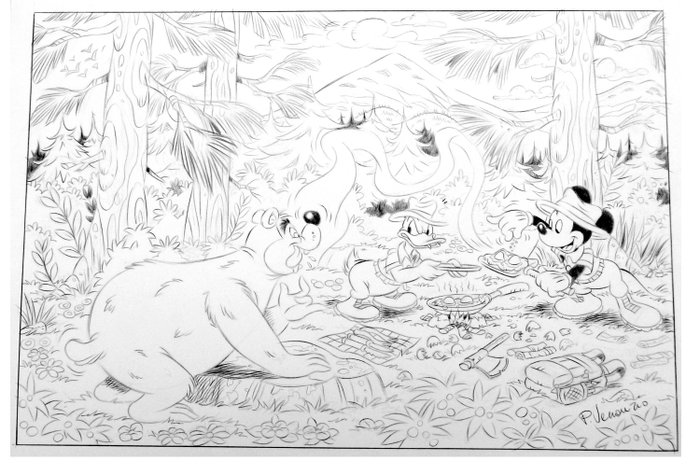 Preview of the first image of Disney's Adventure - Mickey & Donald in the Wilderness - A3 - Signed Original Pencil Drawing by Pas.