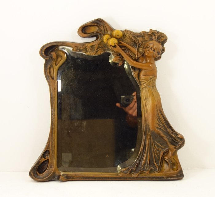 Preview of the first image of Table mirror signed patinated bronze spelter decorated with an Art Nouveau woman.